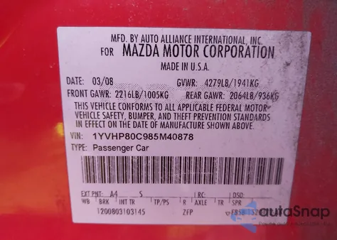 2008 Mazda Mazda6 I Sport Ve from USA, damaged, VIN 1YVHP80C985M40878
